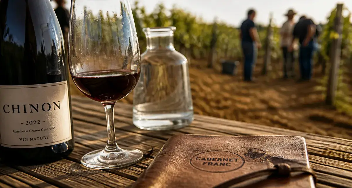 Vin nature chinon au Cabernet Franc, table en chêne, vignes en arrière-plan