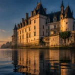 Château de Montsoreau au bord de la Loire, façade Renaissance et reflet dans l’eau