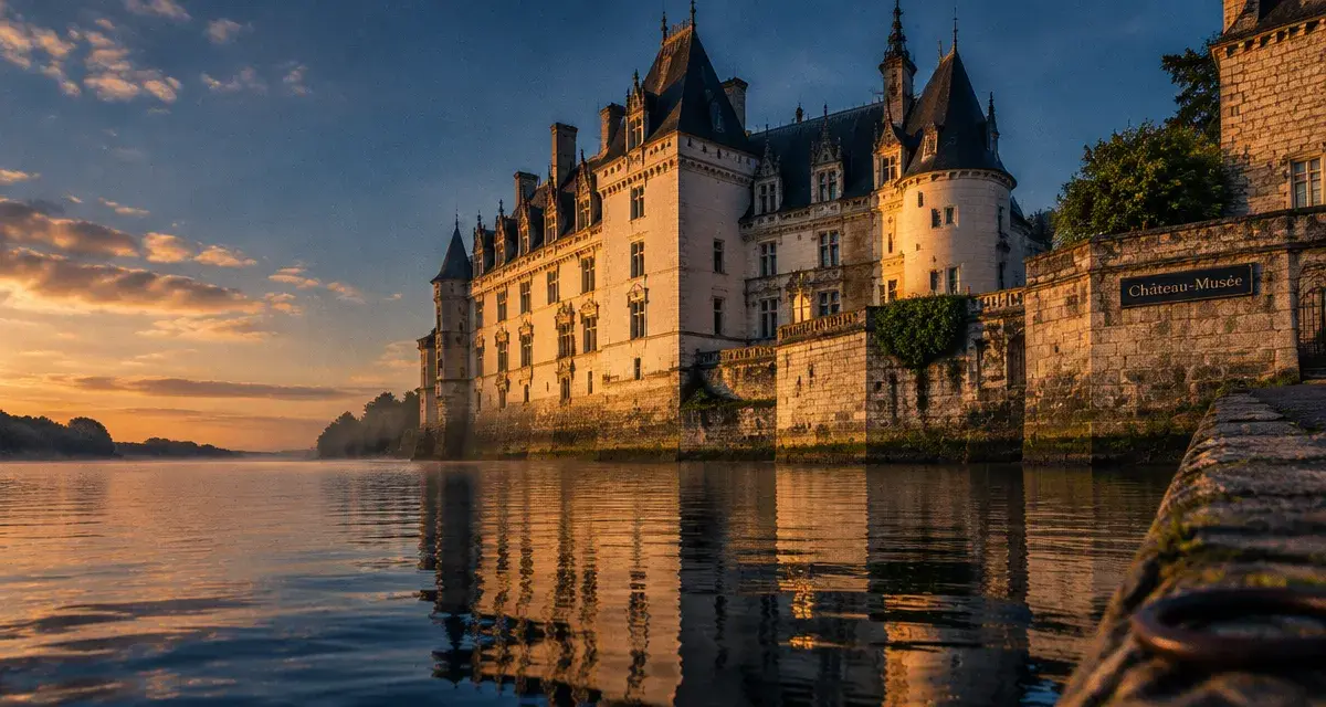 Château de Montsoreau au bord de la Loire, façade Renaissance et reflet dans l’eau