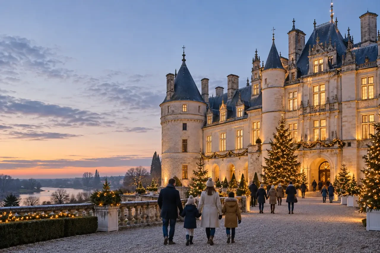 Ambiance touraine val de loire noel devant un château illuminé