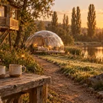 Hébergement insolite centre val de loire : cabane sur pilotis et bulle transparente au golden hour