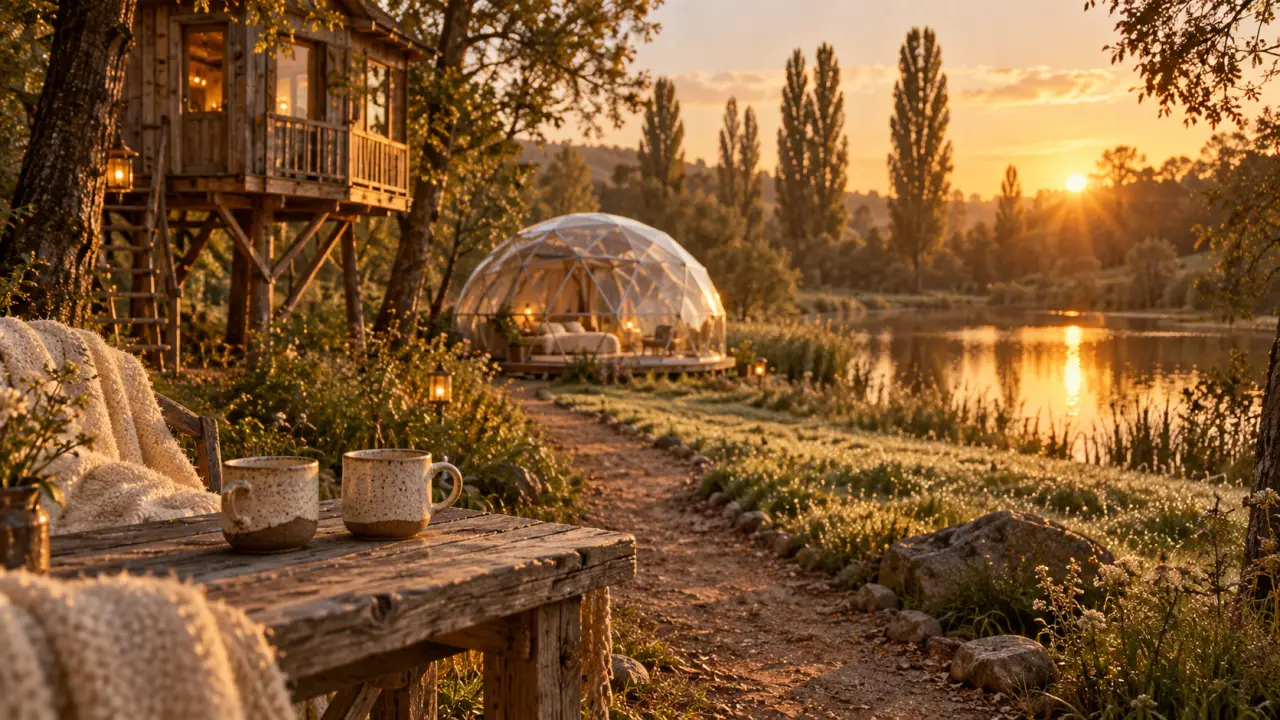 Hébergement insolite centre val de loire : cabane sur pilotis et bulle transparente au golden hour