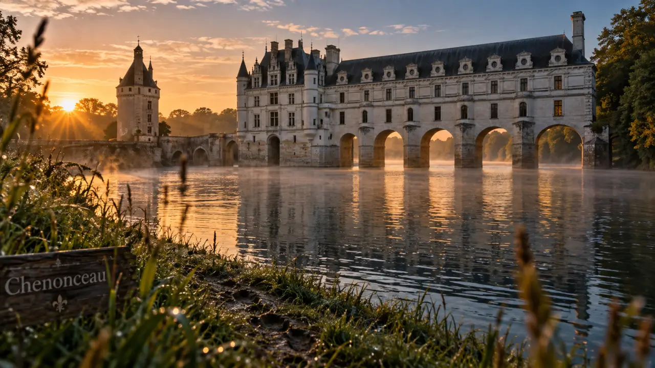 Point de vue sur le château de Chenonceau au lever du soleil sur le Cher