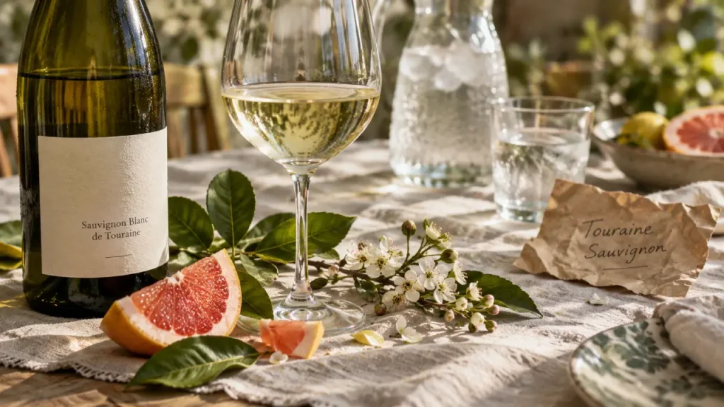 Touraine Sauvignon Val de Loire : bouteille et agrumes, verre à moitié plein