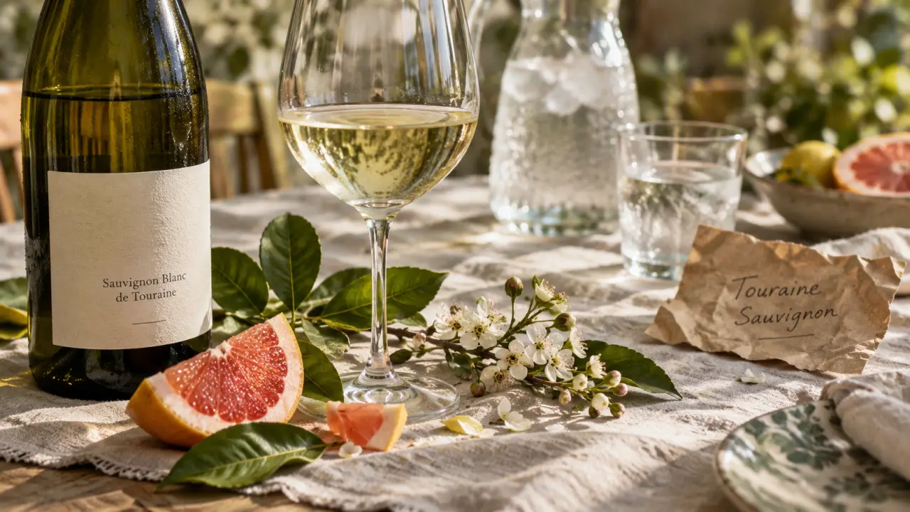 Touraine Sauvignon Val de Loire : bouteille et agrumes, verre à moitié plein
